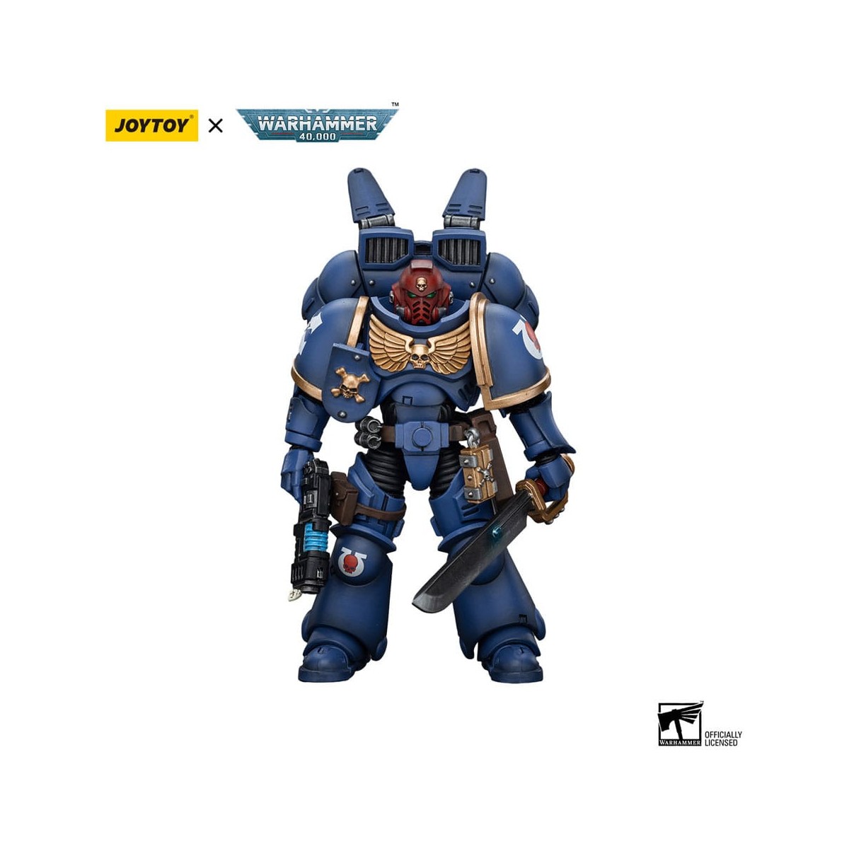 JoyToy - Marines Espaciales - Ultramarines - Jump Pack Intercesores Sargento Con Pistola De Plasma Y Espada De Poder 1/18