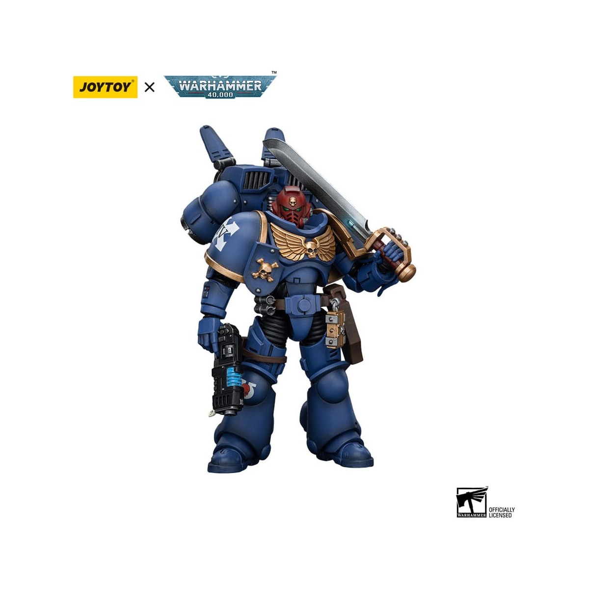 JoyToy - Marines Espaciales - Ultramarines - Jump Pack Intercesores Sargento Con Pistola De Plasma Y Espada De Poder 1/18
