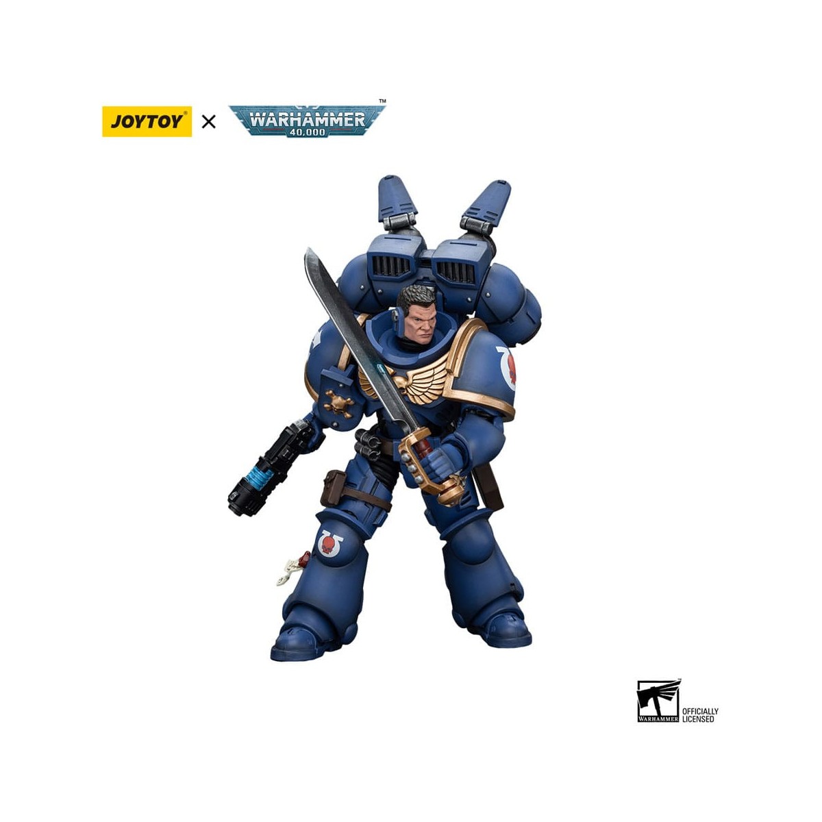 JoyToy - Marines Espaciales - Ultramarines - Jump Pack Intercesores Sargento Con Pistola De Plasma Y Espada De Poder 1/18