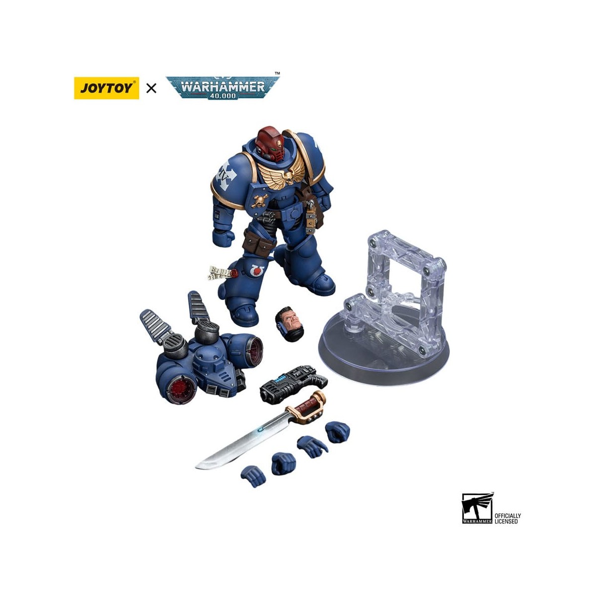 JoyToy - Marines Espaciales - Ultramarines - Jump Pack Intercesores Sargento Con Pistola De Plasma Y Espada De Poder 1/18