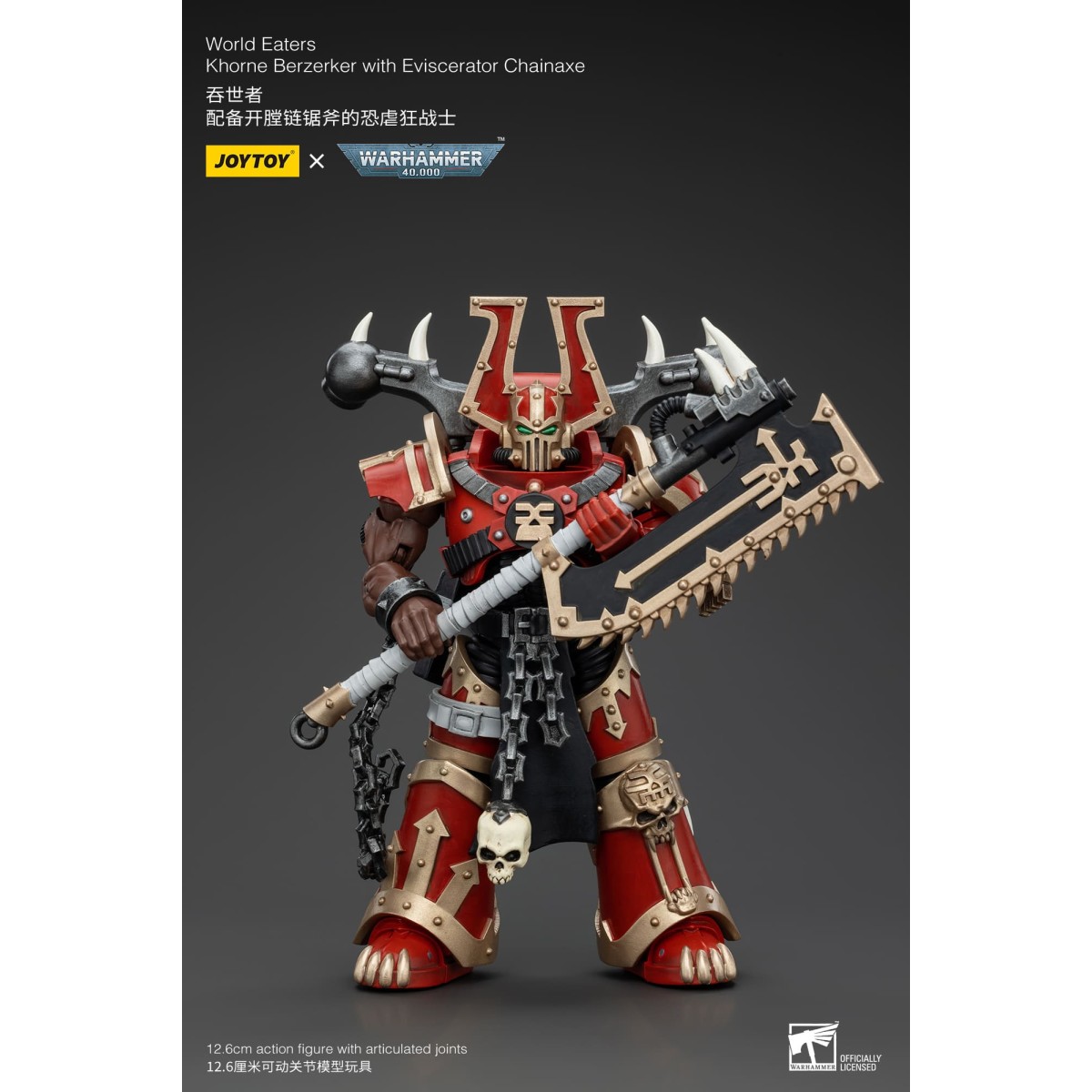 JoyToy Marines Espaciales del Caos - Comedores del Mundo Khorne Berzerker con Eviscerator Chainaxe 1/18 - Warhammer 40K