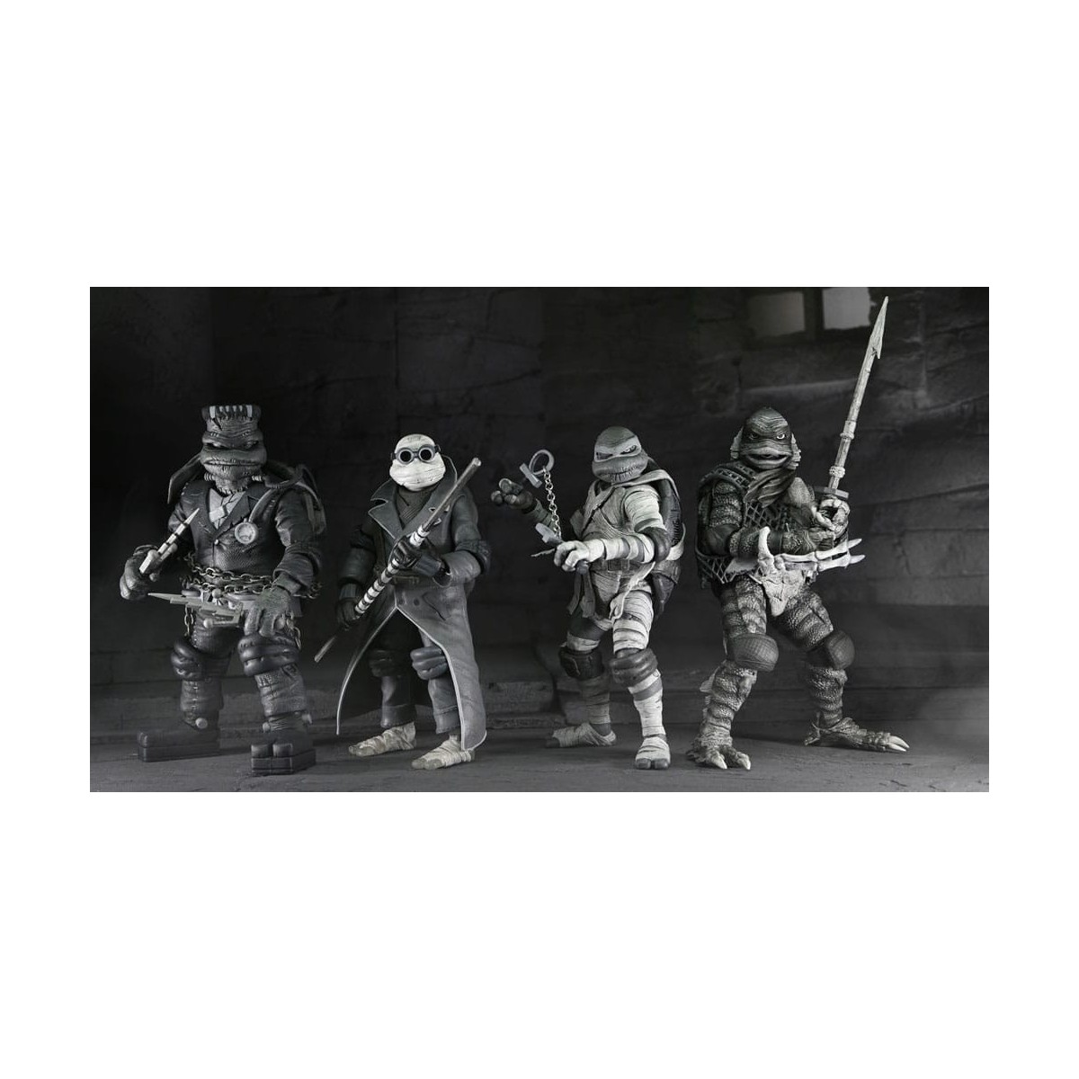 NECA - Pack 4 figuras Tortugas Blanco y Negro - Universal Monsters x TMNT