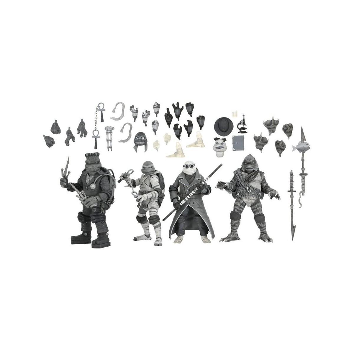 NECA - Pack 4 figuras Tortugas Blanco y Negro - Universal Monsters x TMNT