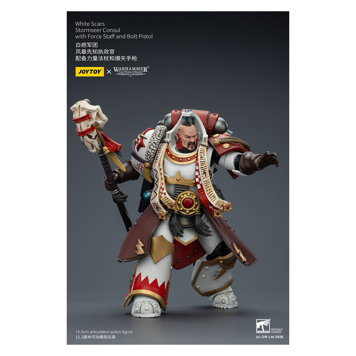 JoyToy Space Marines - Cicatrices Blancas - Cónsul Stormseer con Bastón de Fuerza y Pistola de Proyectiles 1/18 - La Herejía de