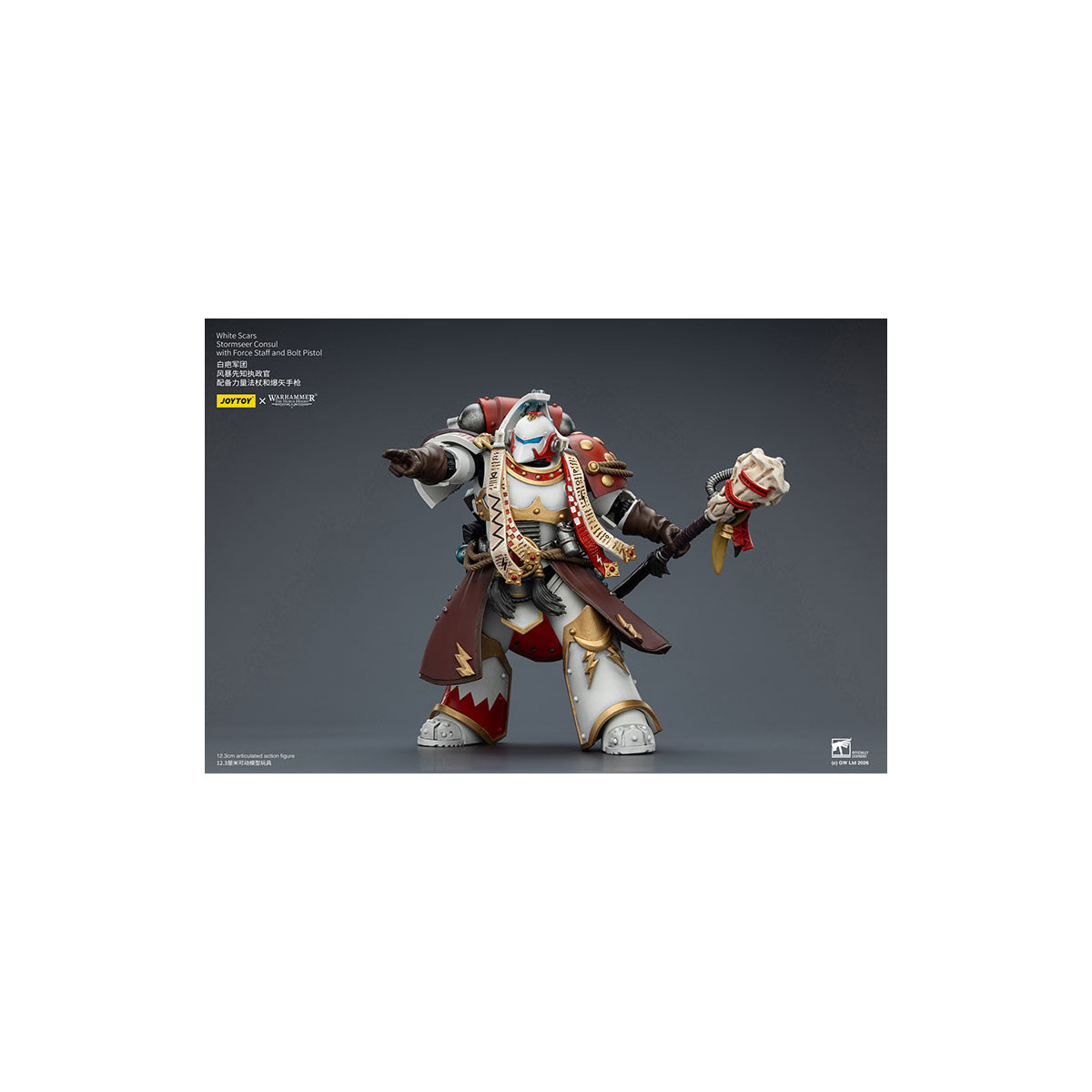 JoyToy Space Marines - Cicatrices Blancas - Cónsul Stormseer con Bastón de Fuerza y Pistola de Proyectiles 1/18 - La Herejía de