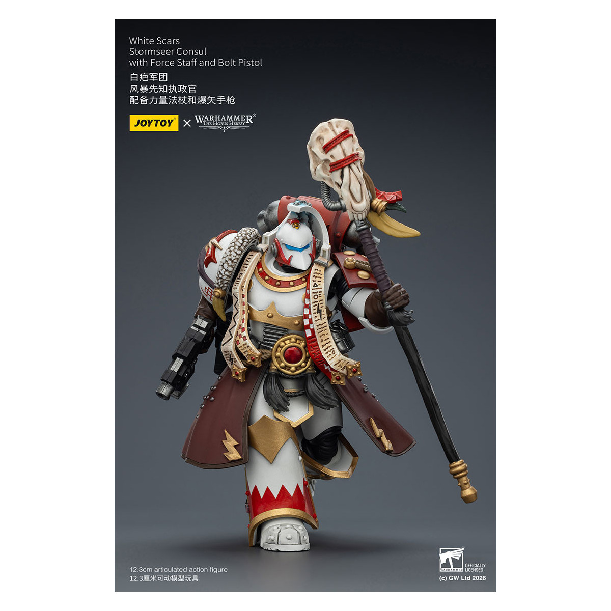 JoyToy Space Marines - Cicatrices Blancas - Cónsul Stormseer con Bastón de Fuerza y Pistola de Proyectiles 1/18 - La Herejía de