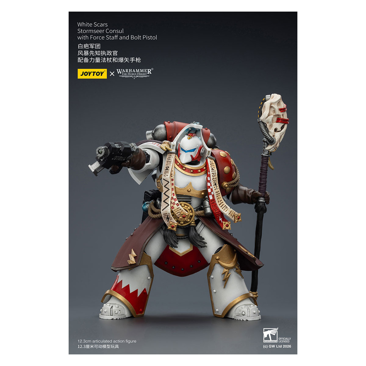 JoyToy Space Marines - Cicatrices Blancas - Cónsul Stormseer con Bastón de Fuerza y Pistola de Proyectiles 1/18 - La Herejía de