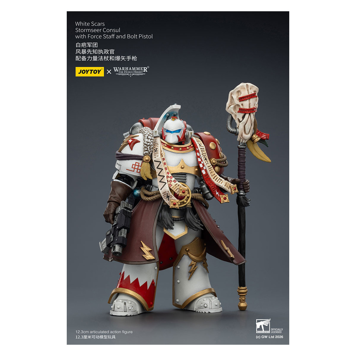 JoyToy Space Marines - Cicatrices Blancas - Cónsul Stormseer con Bastón de Fuerza y Pistola de Proyectiles 1/18 - La Herejía de