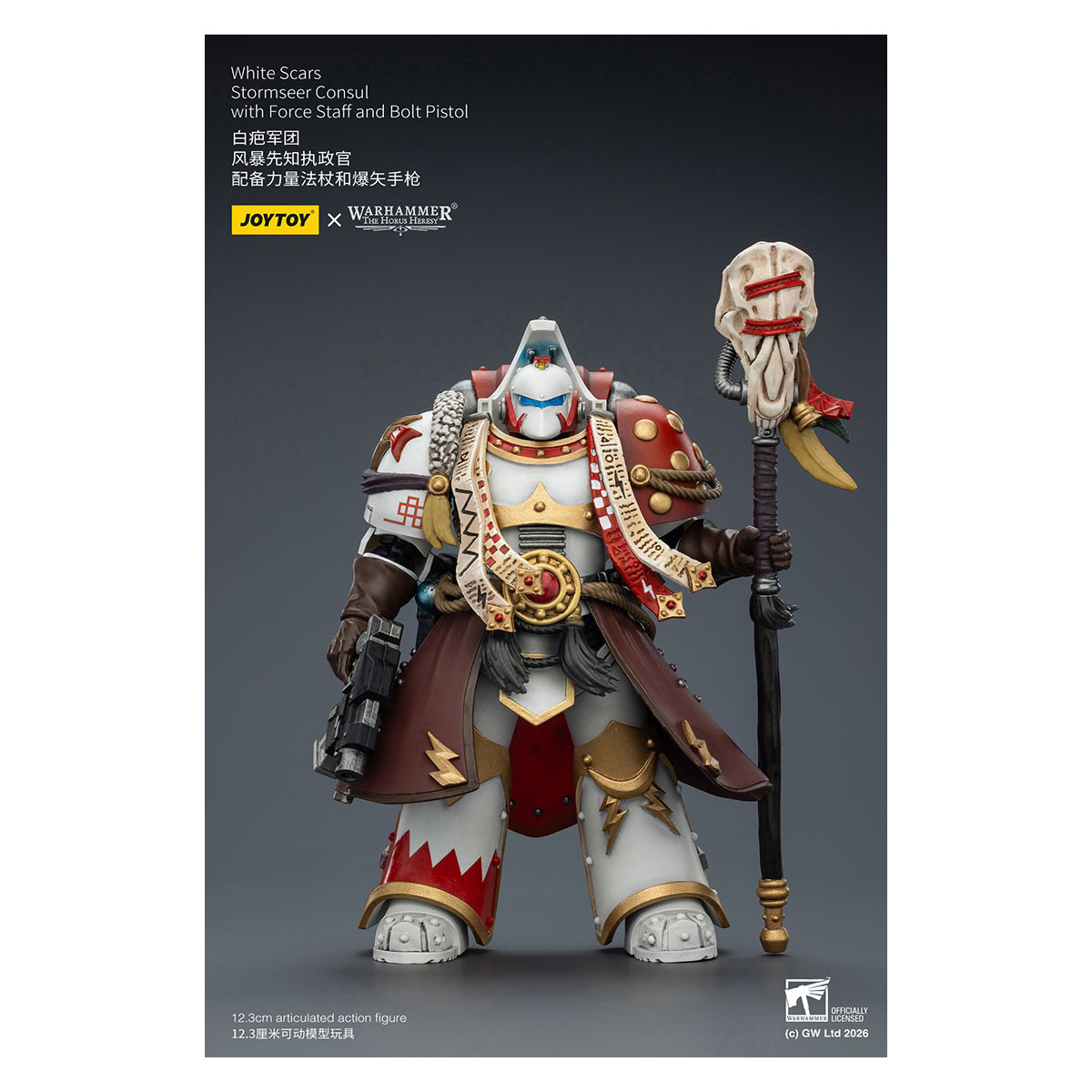 JoyToy Space Marines - Cicatrices Blancas - Cónsul Stormseer con Bastón de Fuerza y Pistola de Proyectiles 1/18 - La Herejía de
