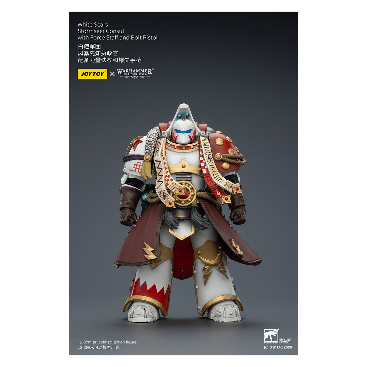 JoyToy Space Marines - Cicatrices Blancas - Cónsul Stormseer con Bastón de Fuerza y Pistola de Proyectiles 1/18 - La Herejía de