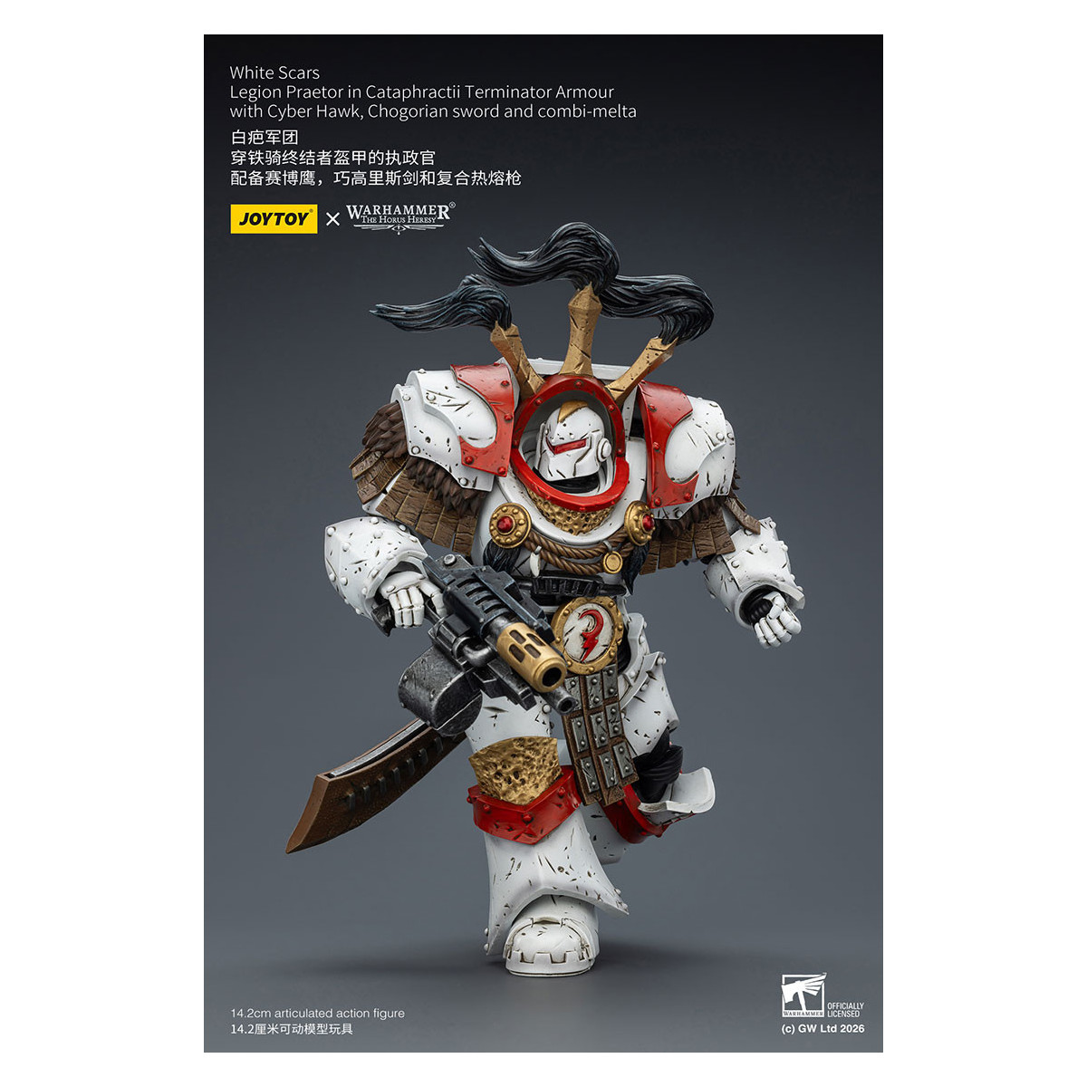 JoyToy - White Scars - Legion Praetor en Cataphractii Terminator Armadura con Cyber Hawk, Chogorian espada y combi-melta 1/18