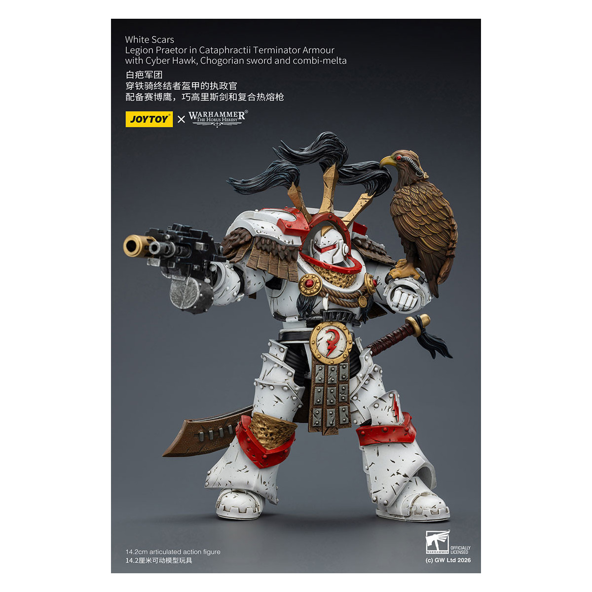 JoyToy - White Scars - Legion Praetor en Cataphractii Terminator Armadura con Cyber Hawk, Chogorian espada y combi-melta 1/18