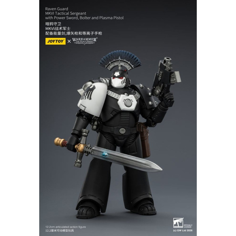 Joytoy - Warhammer - Sargento Táctico MKVI de la Guardia del Cuervo con Espada de Poder, Bolter y Pistola de Plasma