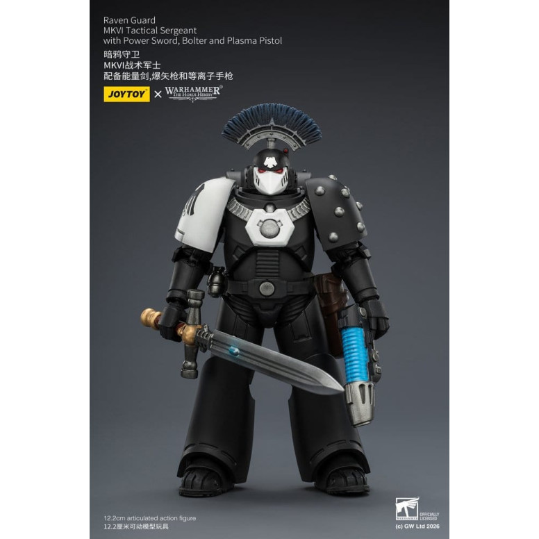 Joytoy - Warhammer - Sargento Táctico MKVI de la Guardia del Cuervo con Espada de Poder, Bolter y Pistola de Plasma