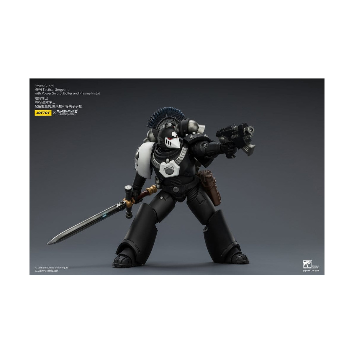 Joytoy - Warhammer - Sargento Táctico MKVI de la Guardia del Cuervo con Espada de Poder, Bolter y Pistola de Plasma
