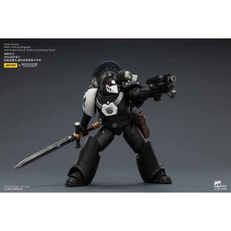 Joytoy - Warhammer - Sargento Táctico MKVI de la Guardia del Cuervo con Espada de Poder, Bolter y Pistola de Plasma