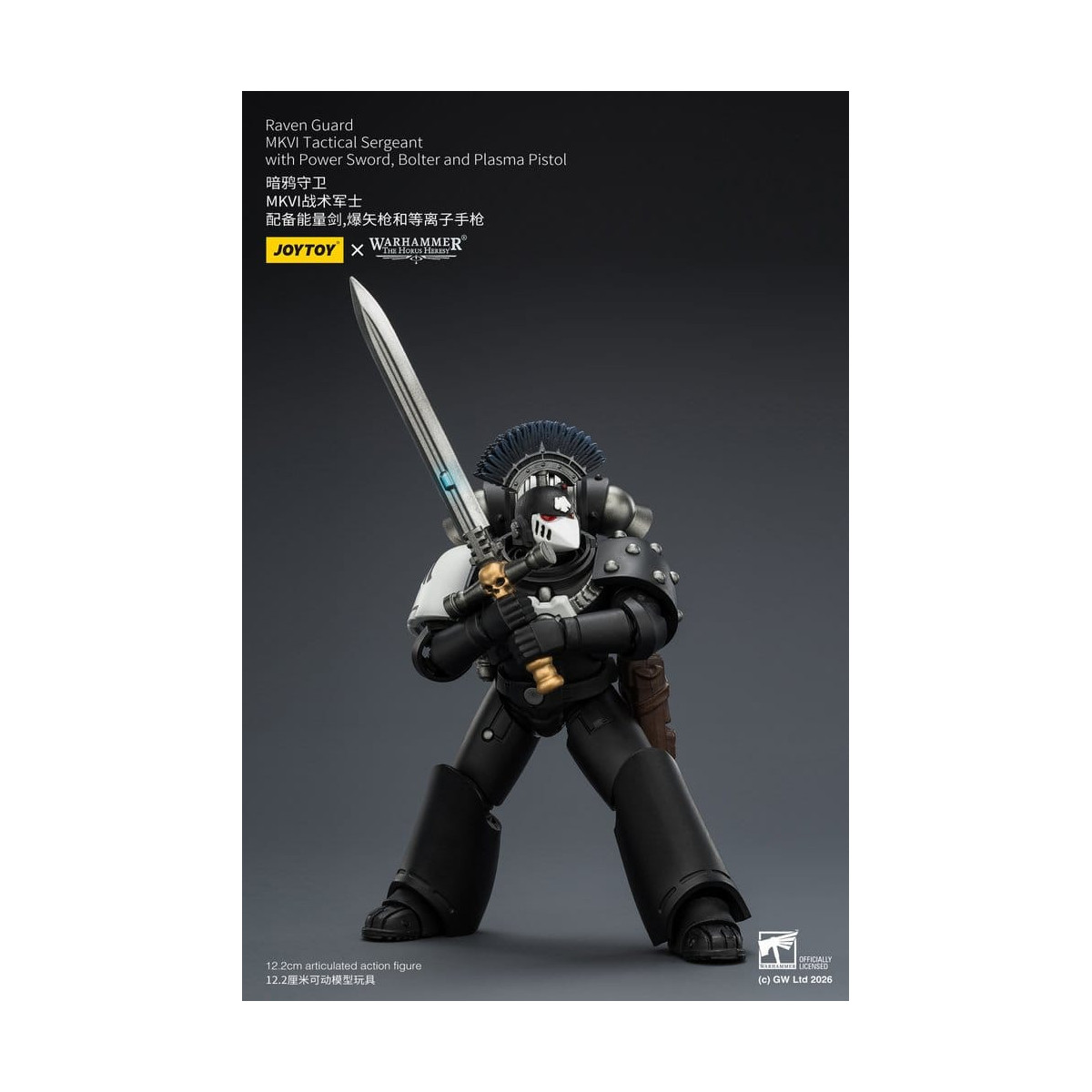 Joytoy - Warhammer - Sargento Táctico MKVI de la Guardia del Cuervo con Espada de Poder, Bolter y Pistola de Plasma