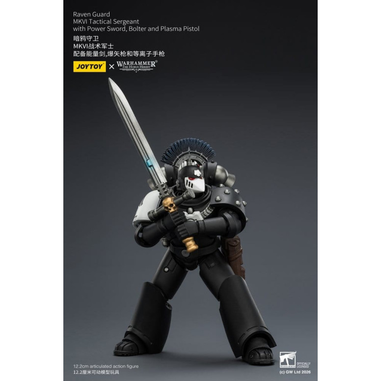 Joytoy - Warhammer - Sargento Táctico MKVI de la Guardia del Cuervo con Espada de Poder, Bolter y Pistola de Plasma