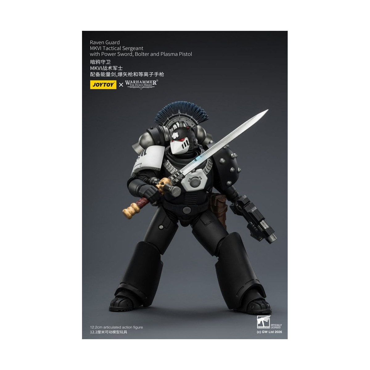 Joytoy - Warhammer - Sargento Táctico MKVI de la Guardia del Cuervo con Espada de Poder, Bolter y Pistola de Plasma