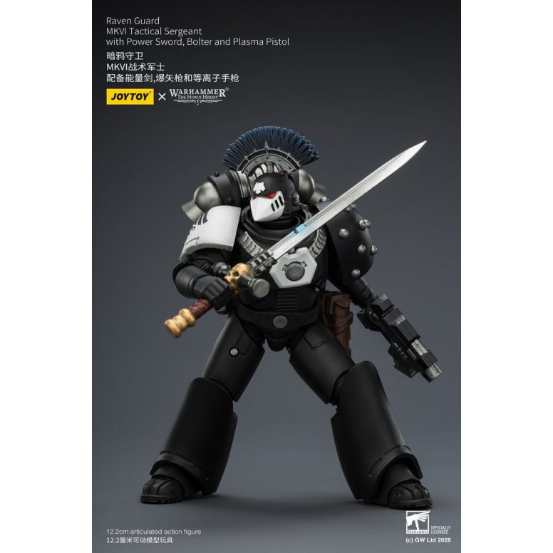 Joytoy - Warhammer - Sargento Táctico MKVI de la Guardia del Cuervo con Espada de Poder, Bolter y Pistola de Plasma
