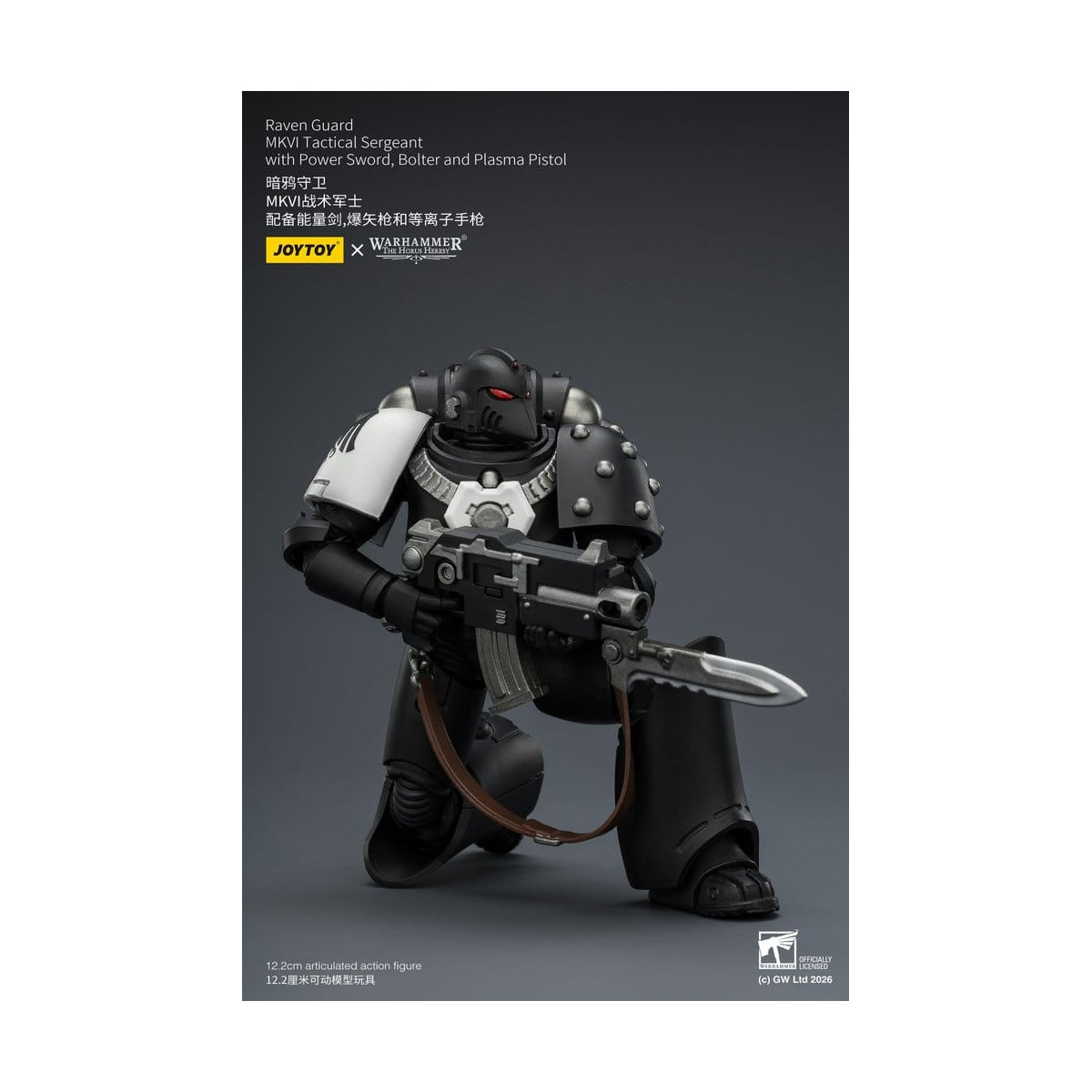 Joytoy - Warhammer - Sargento Táctico MKVI de la Guardia del Cuervo con Espada de Poder, Bolter y Pistola de Plasma