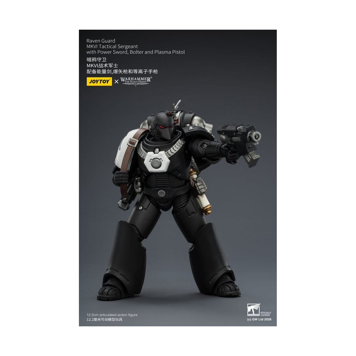 Joytoy - Warhammer - Sargento Táctico MKVI de la Guardia del Cuervo con Espada de Poder, Bolter y Pistola de Plasma