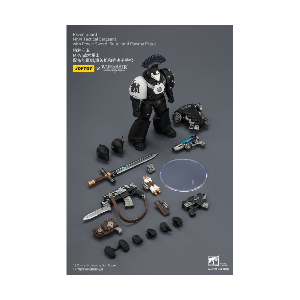 Joytoy - Warhammer - Sargento Táctico MKVI de la Guardia del Cuervo con Espada de Poder, Bolter y Pistola de Plasma
