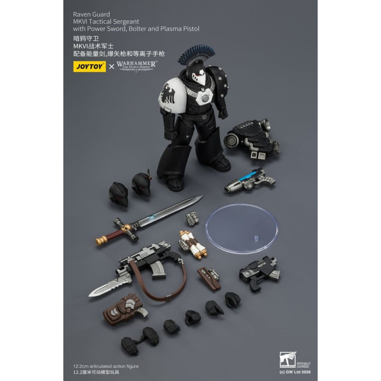 Joytoy - Warhammer - Sargento Táctico MKVI de la Guardia del Cuervo con Espada de Poder, Bolter y Pistola de Plasma