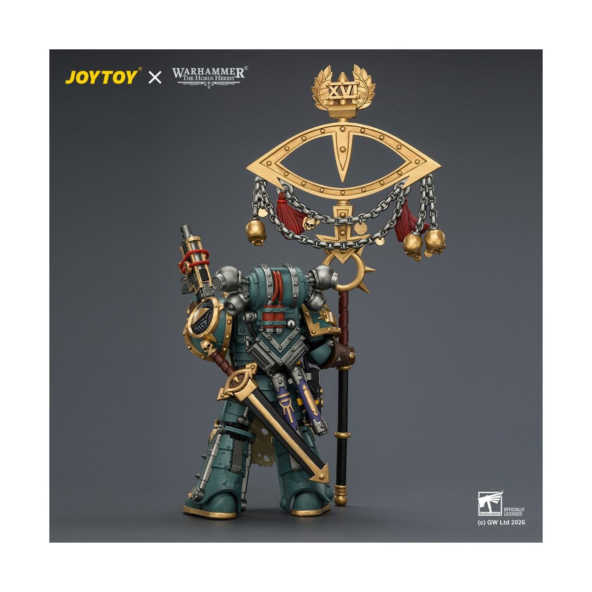 JoyToy - Sons of Horus - Maloghurst the Twisted, the Warmaster's Equerry con Legion Standard y Banestrike Bolter 1/18