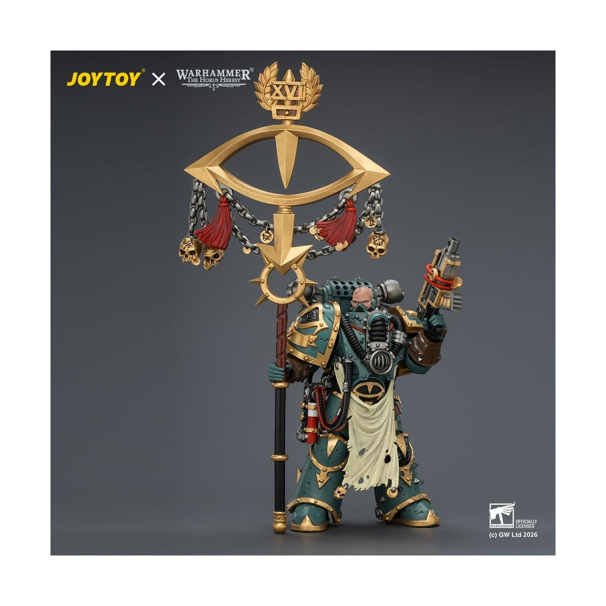 JoyToy - Sons of Horus - Maloghurst the Twisted, the Warmaster's Equerry con Legion Standard y Banestrike Bolter 1/18