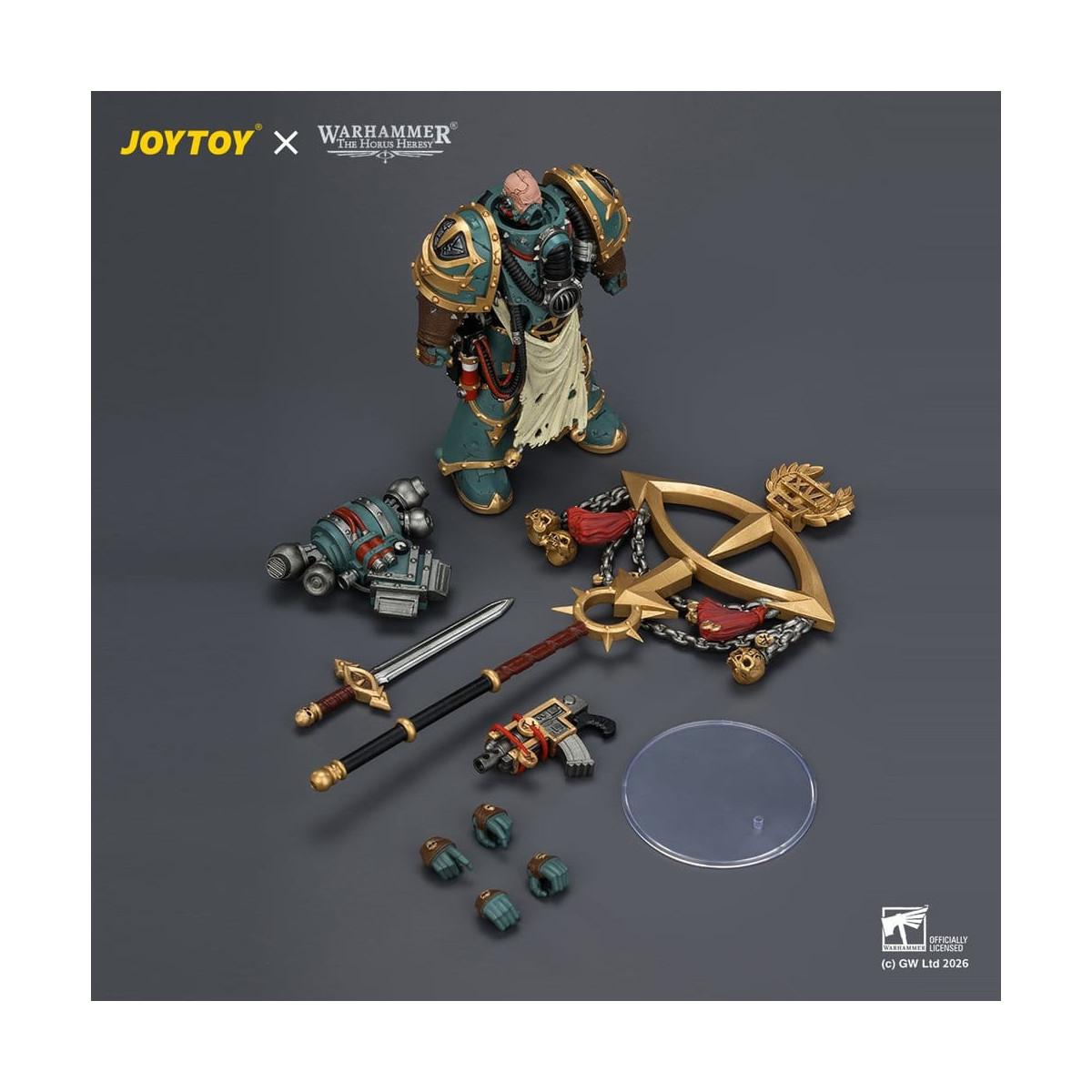JoyToy - Sons of Horus - Maloghurst the Twisted, the Warmaster's Equerry con Legion Standard y Banestrike Bolter 1/18