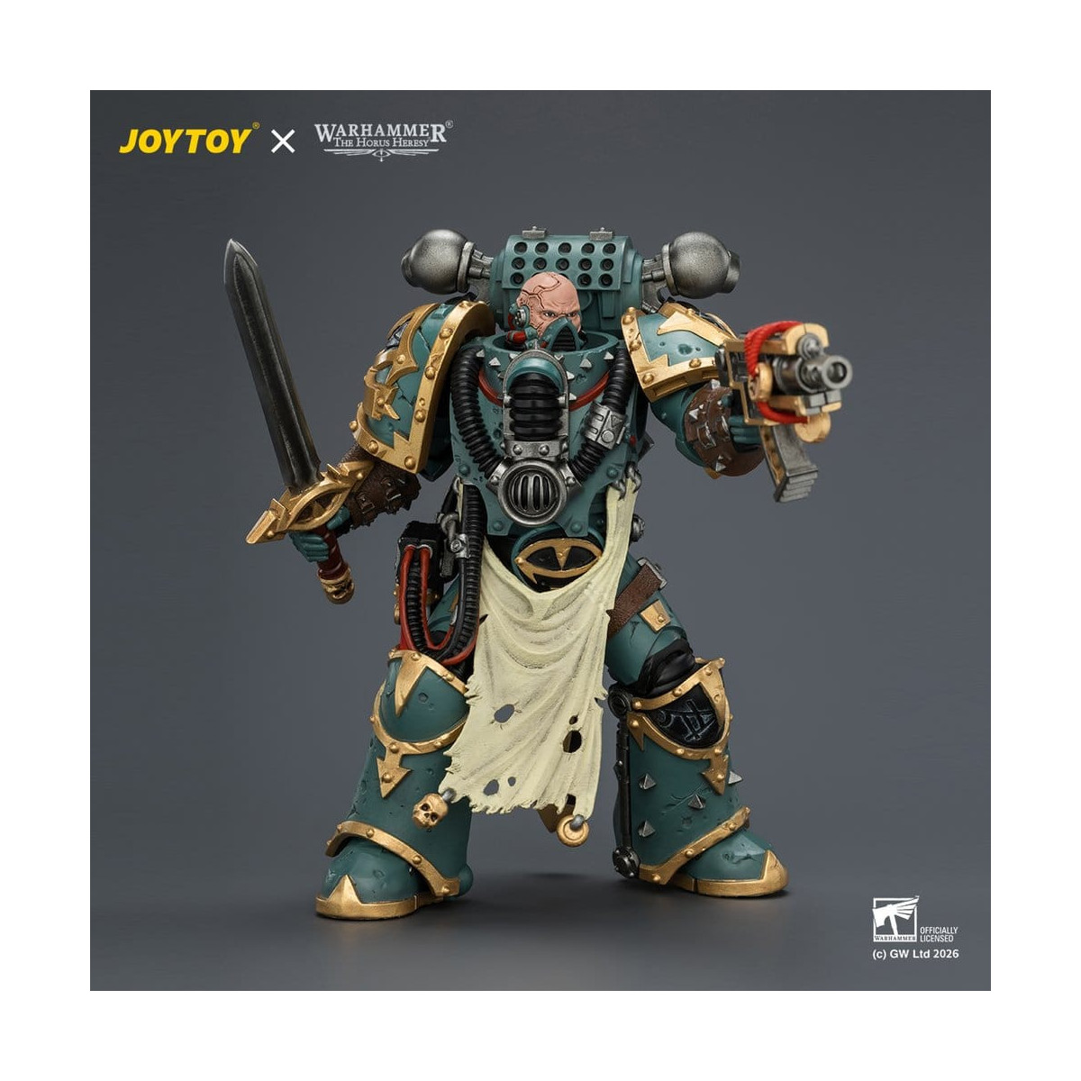 JoyToy - Sons of Horus - Maloghurst the Twisted, the Warmaster's Equerry con Legion Standard y Banestrike Bolter 1/18
