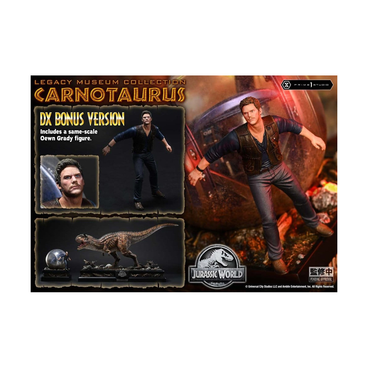 Prime 1 Studio - Jurassic World - Colección del Museo del Legado del Carnotaurus, Edición Deluxe con extras, 1/15