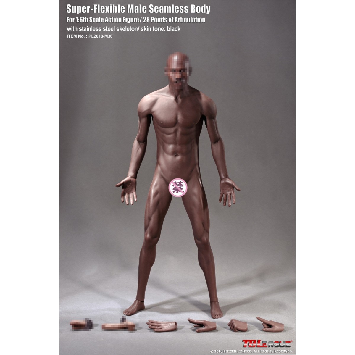 Phicen - TBLeague 1/6th Scale Super-Flexible Male Body Seamless - Black Body Medium Muscle 