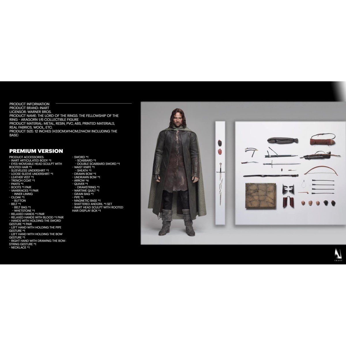 Queen Studios - El Señor de los Anillos - Aragorn Edición Premium (pelo enrraizado) 1/6 INART